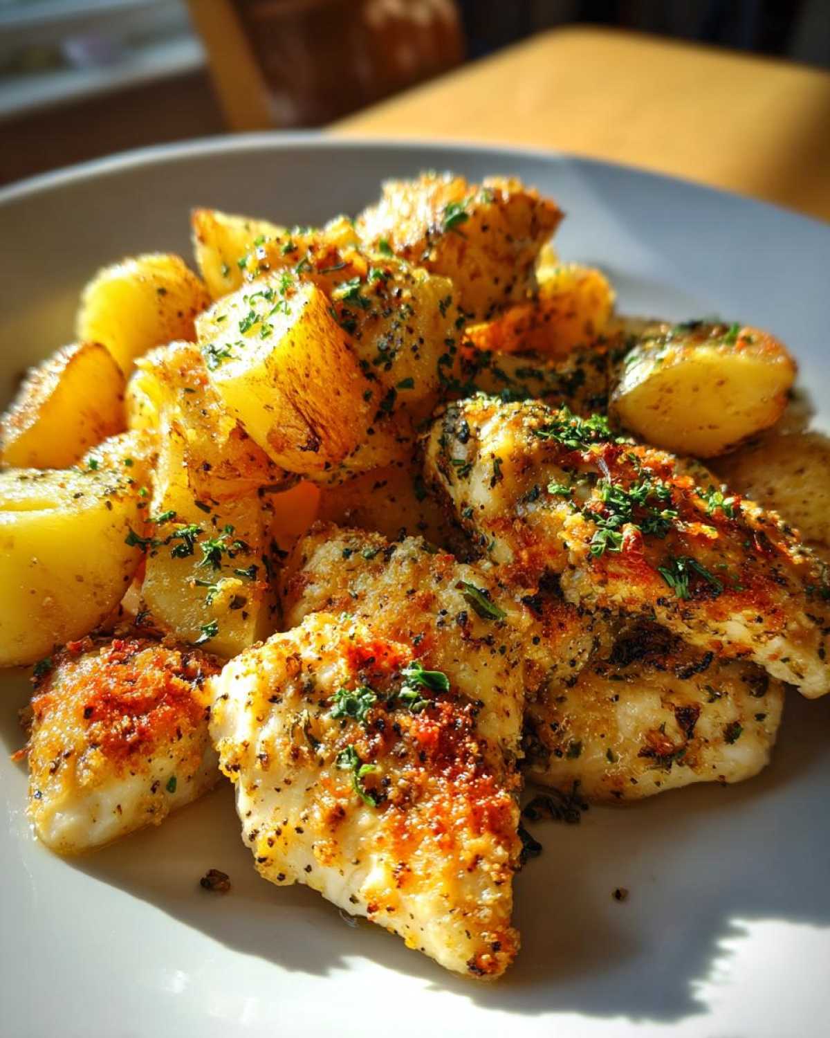 Close-up of golden baked garlic parmesan chicken and potatoes topped with fresh parsley.