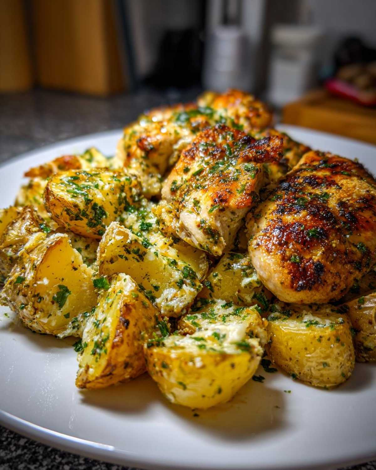 Close-up of perfectly cooked garlic parmesan chicken and potatoes, richly coated in herbs and sauce.