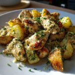 Close-up of golden roasted potatoes and seasoned chicken pieces coated in garlic parmesan sauce and fresh parsley.
