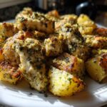 Close-up of roasted garlic parmesan chicken and potatoes pieces seasoned with herbs on a white plate.