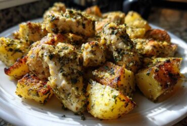 Close-up of roasted garlic parmesan chicken and potatoes pieces seasoned with herbs on a white plate.