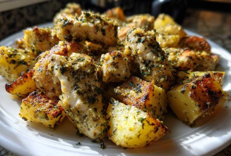 Close-up of roasted garlic parmesan chicken and potatoes pieces seasoned with herbs on a white plate.