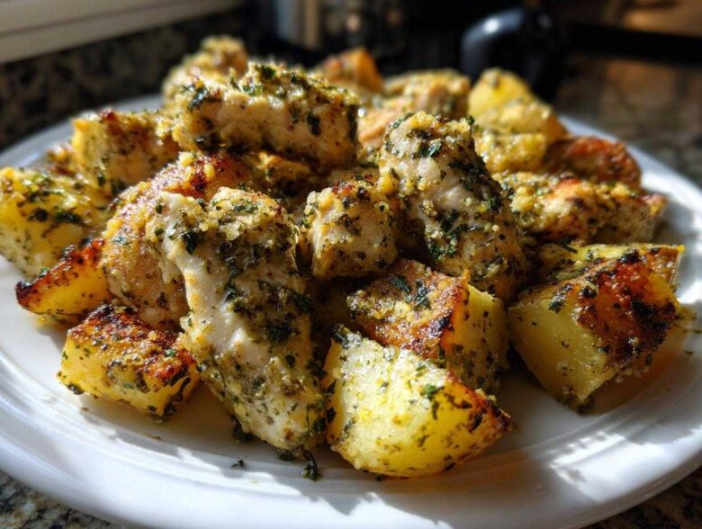 Close-up of roasted garlic parmesan chicken and potatoes pieces seasoned with herbs on a white plate.