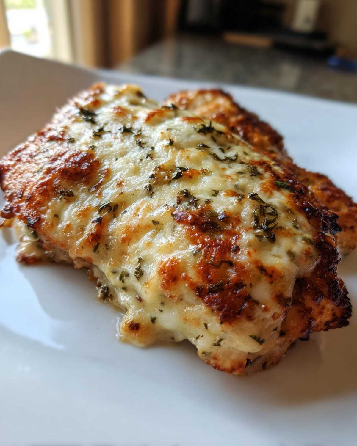Close-up of a piece of Garlic parmesan chicken bake topped with bubbly, browned mozzarella and herbs.