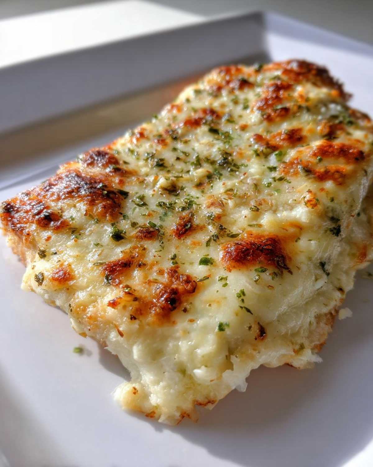 A close-up of a serving of Garlic parmesan chicken bake topped with melted, browned cheese and sprinkled with herbs.