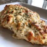 A close-up of a juicy chicken breast covered in melted, browned cheese and sprinkled with parsley for Garlic parmesan chicken bake.