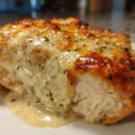 A close-up cross-section of a perfectly cooked Garlic parmesan chicken bake with melted cheese topping.