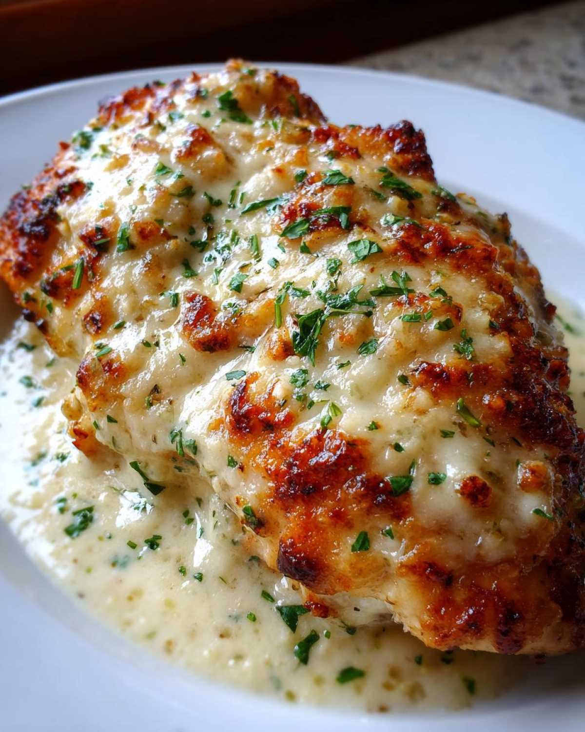 A close-up of a juicy piece of Garlic parmesan chicken bake covered in melted, browned cheese and parsley.