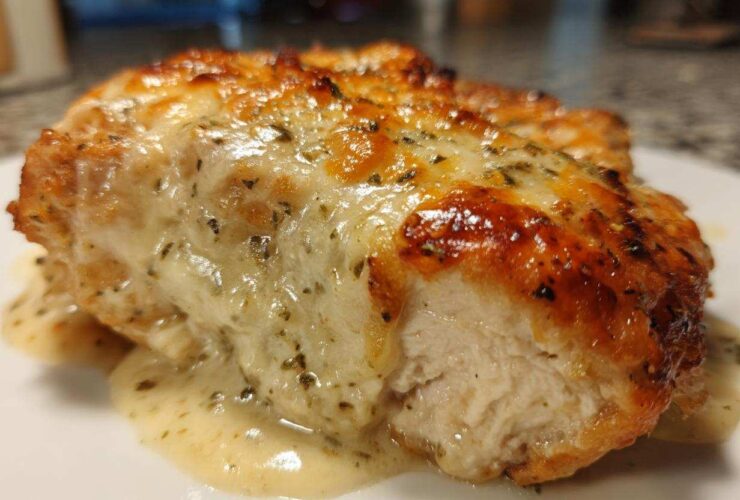 A close-up cross-section of a perfectly cooked Garlic parmesan chicken bake with melted cheese topping.