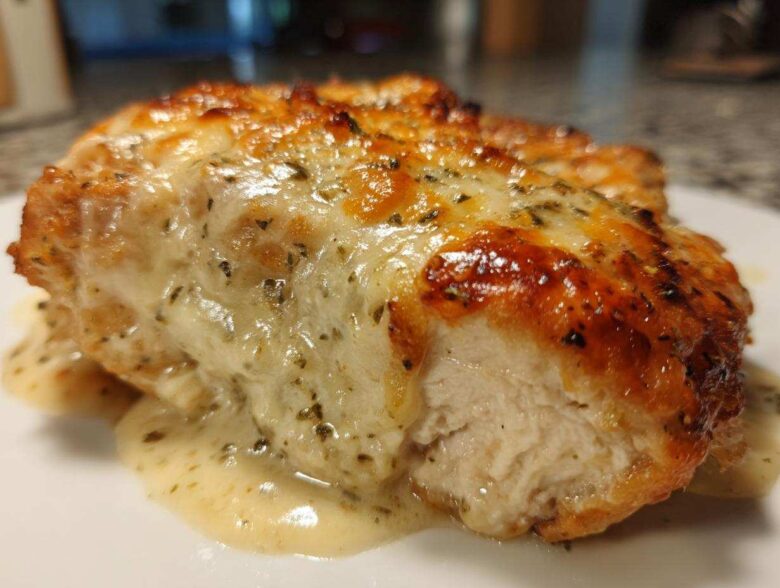 A close-up cross-section of a perfectly cooked Garlic parmesan chicken bake with melted cheese topping.