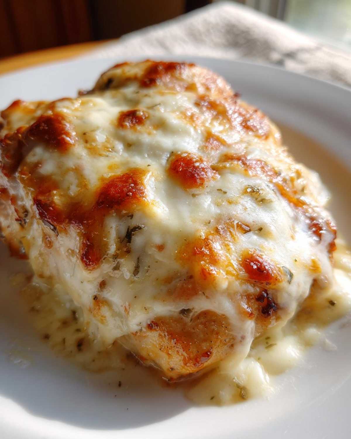 Close-up of a juicy chicken breast topped with melted, bubbly, and slightly browned cheese from the Garlic parmesan chicken bake.