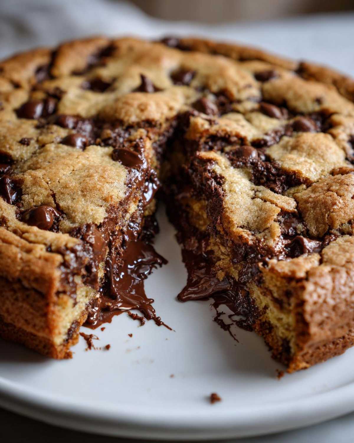Close-up of a giant levain bakery chocolate chip cookies cut in half revealing a molten, gooey chocolate center.