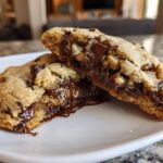 A giant levain bakery chocolate chip cookie broken in half showing a gooey, melted chocolate center.