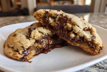 A giant levain bakery chocolate chip cookie broken in half showing a gooey, melted chocolate center.
