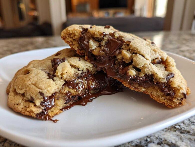 A giant levain bakery chocolate chip cookie broken in half showing a gooey, melted chocolate center.