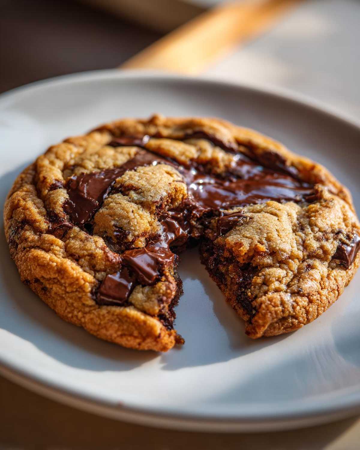 Close-up of a giant levain bakery chocolate chip cookie with a piece broken off, showing gooey, melted chocolate.