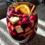 A close-up of a glass filled with rich red Christmas sangria, loaded with cranberries, apple chunks, and garnished with an orange slice and cinnamon stick.