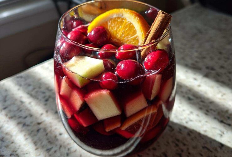 A close-up of a glass filled with rich red Christmas sangria, loaded with cranberries, apple chunks, and garnished with an orange slice and cinnamon stick.