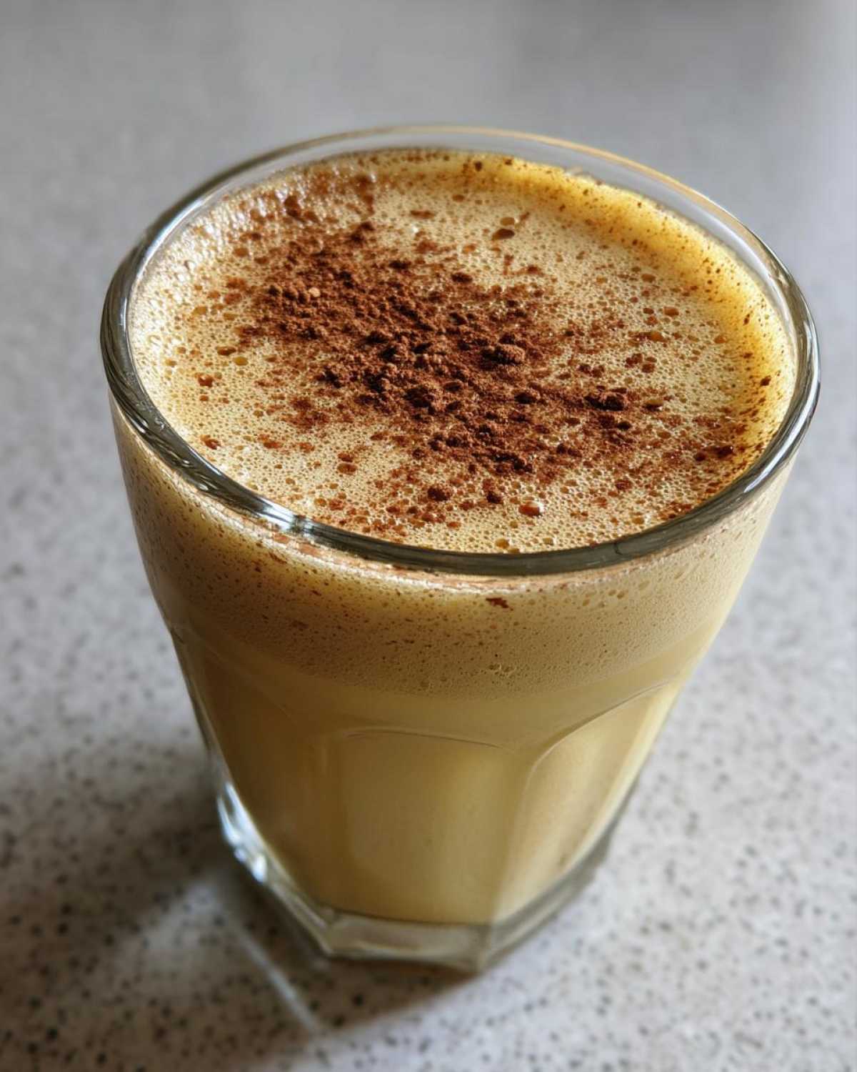 Close-up of a glass filled with creamy, frothy homemade eggnog, dusted with cinnamon or nutmeg.
