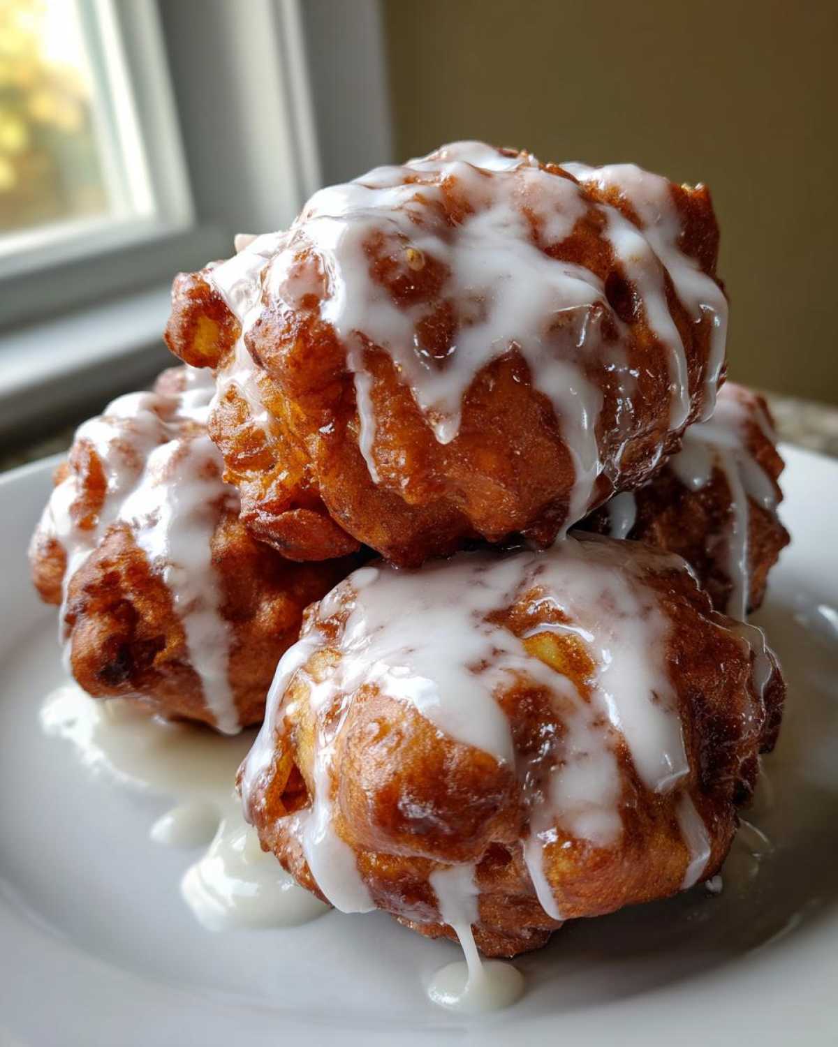 Close-up of a stack of golden brown, glazed apple fritter mounds drizzled with white icing.