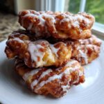 A close-up stack of golden brown, freshly fried apple fritter pieces drizzled with white vanilla glaze.