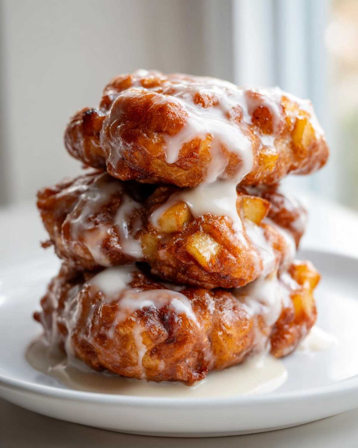Close-up of three golden brown apple fritter pastries stacked and drizzled with thick white glaze.