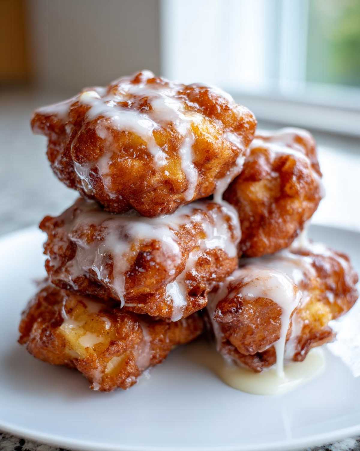 A stack of golden brown, freshly fried apple fritter pastries drizzled generously with white glaze.