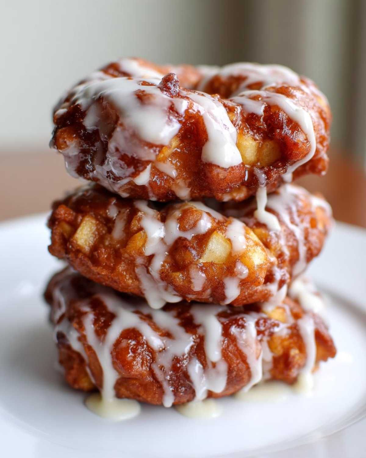Close-up of three stacked, golden-brown apple fritter donuts drizzled with thick white glaze.