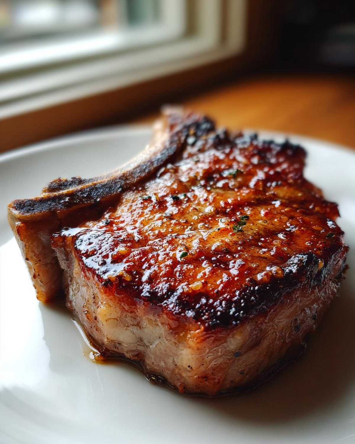 Close-up of a perfectly seared, glazed bone-in pork chop that was prepared using the marinade for pork chops.
