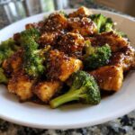 Close-up of saucy, glazed chicken and broccoli pieces served on a white plate.