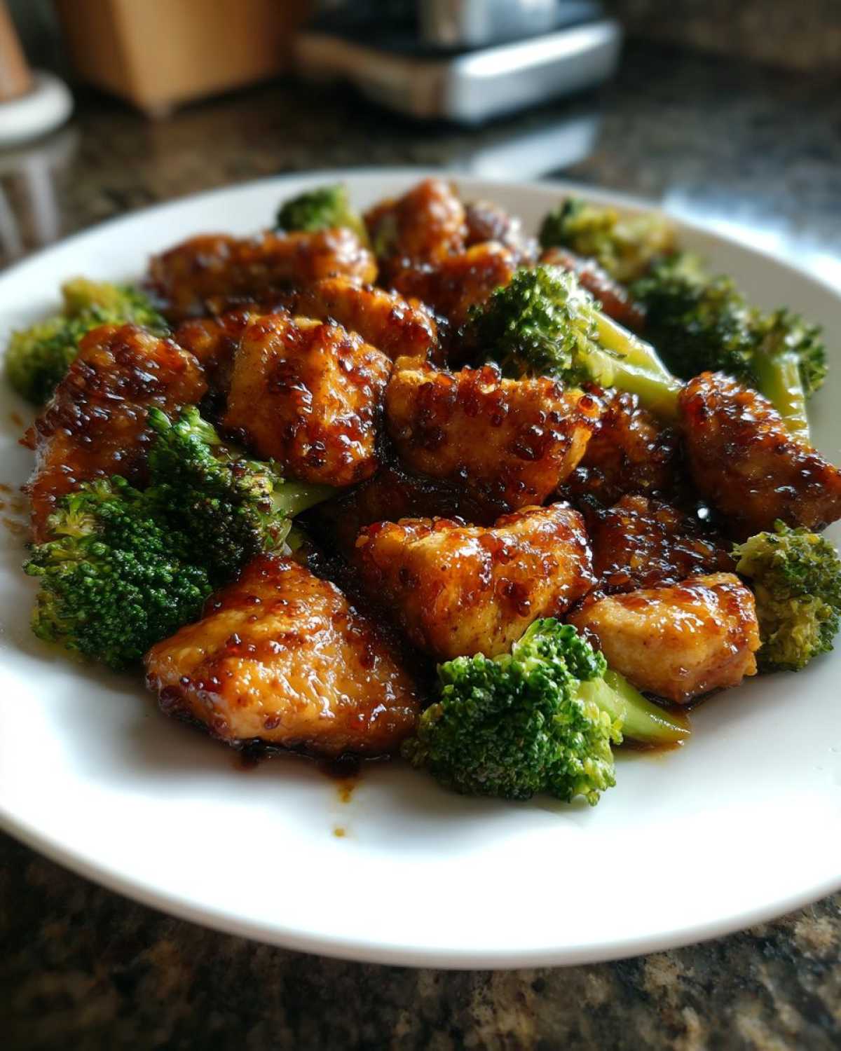 Close-up of saucy, glazed chicken pieces mixed with vibrant green broccoli florets, representing a delicious chicken and broccoli dinner.