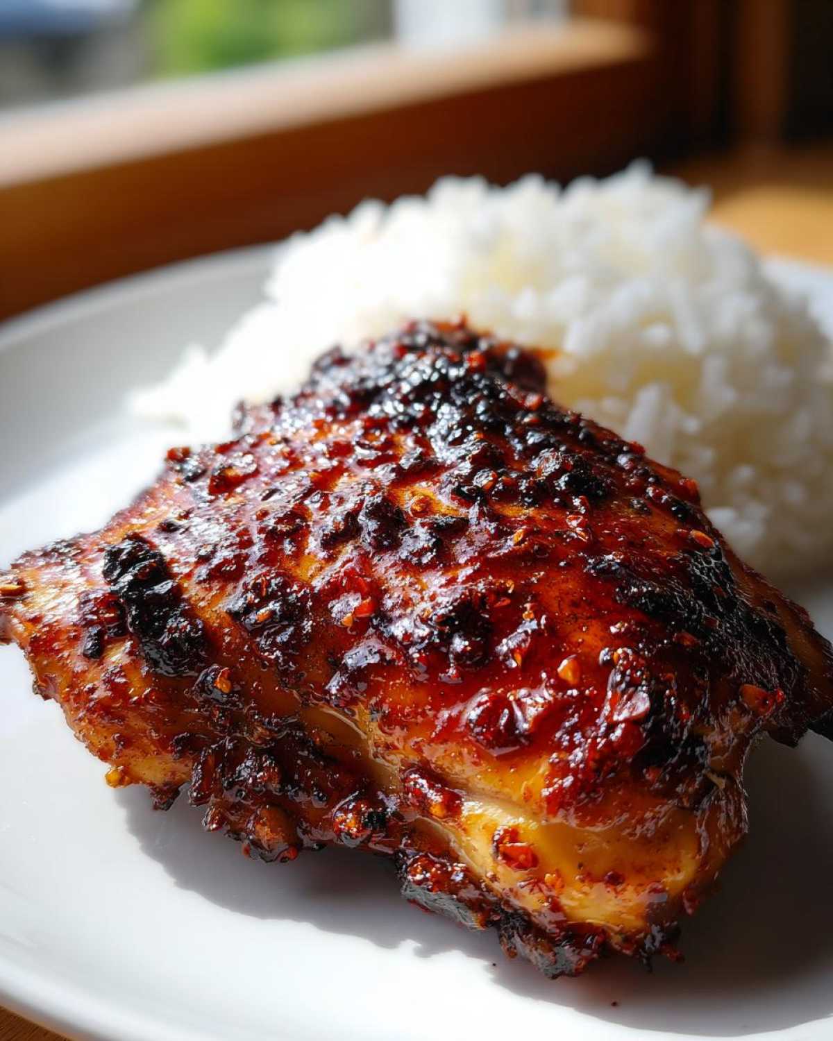 Close-up of a piece of glazed harissa chicken with a spicy, dark red crust, served next to a mound of white rice.