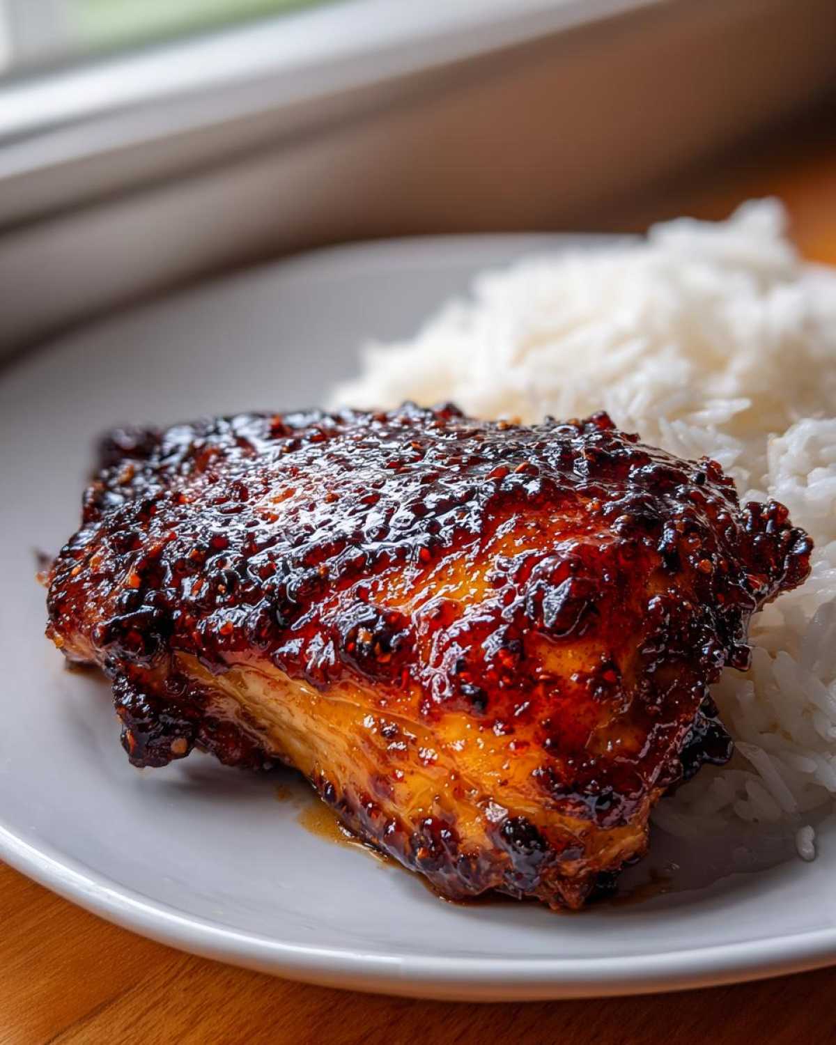 Close-up of a piece of glazed harissa chicken with a dark, sticky coating served next to fluffy white rice.