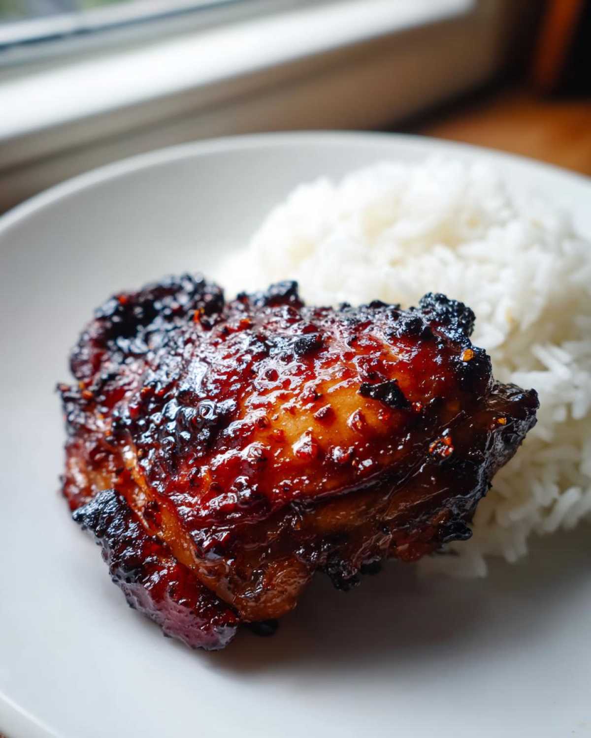 Close-up of a piece of glazed harissa chicken with a caramelized, spicy crust next to white rice.