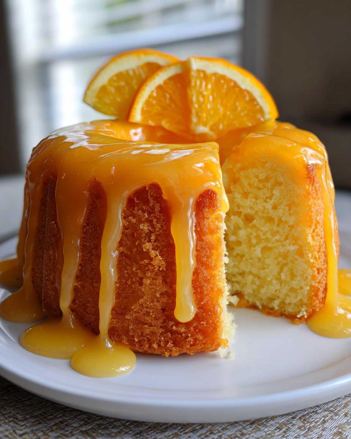 Close-up of a small, glazed orange juice cake with a slice cut out, topped with fresh orange slices.