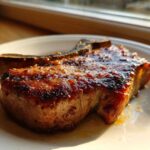 A thick, bone-in pork chop, glistening with a dark glaze, resting on a white plate.