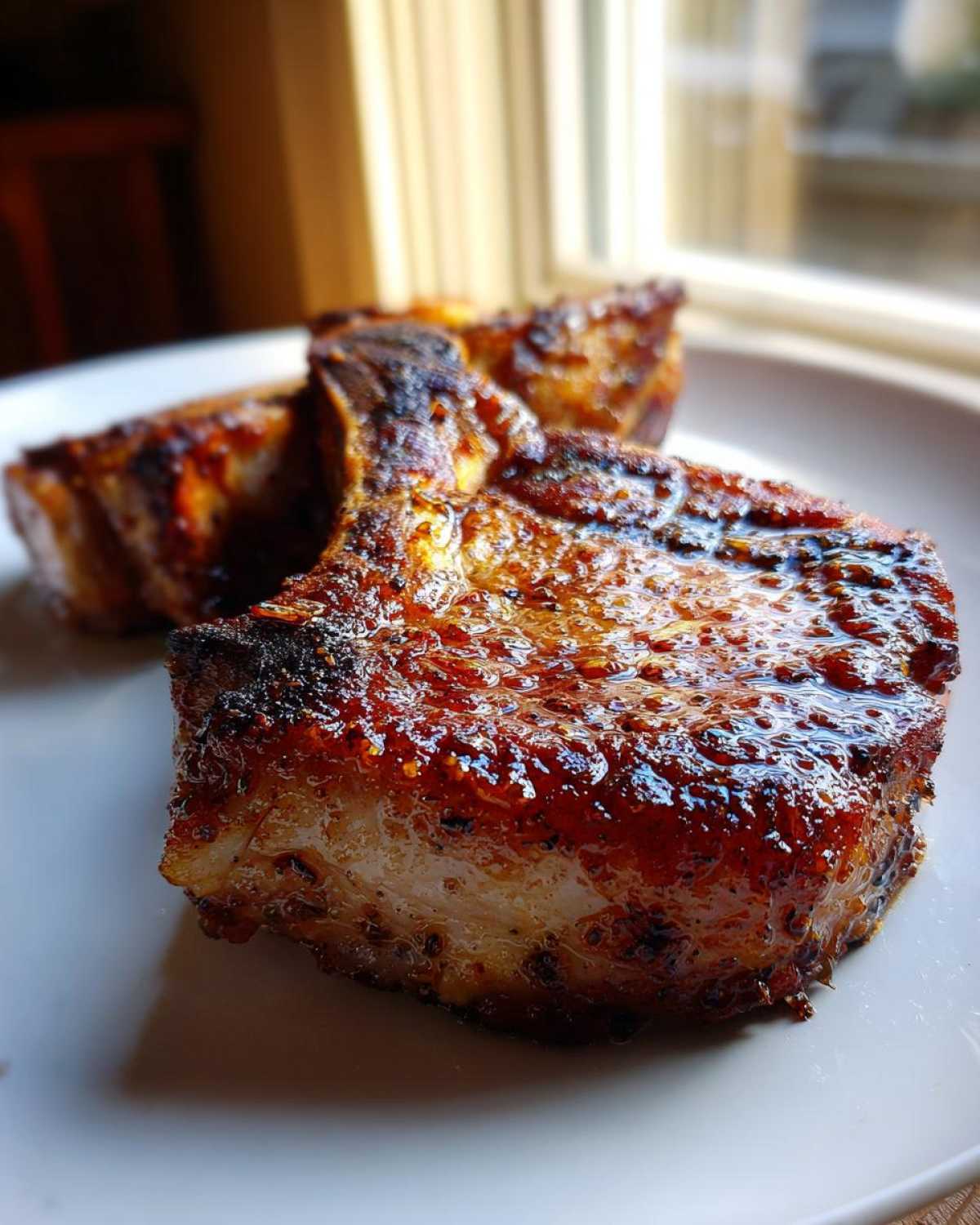 Close-up of thick, juicy pork chops with a dark, caramelized glaze, ready after using the marinade for pork chops.