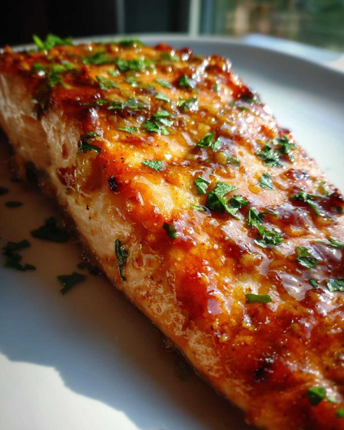 Close-up of a perfectly cooked salmon fillet covered in a shiny, dark glaze and sprinkled with chopped green herbs.