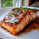 A close-up of a perfectly cooked salmon fillet topped with a shiny, thick glaze and fresh chopped parsley.