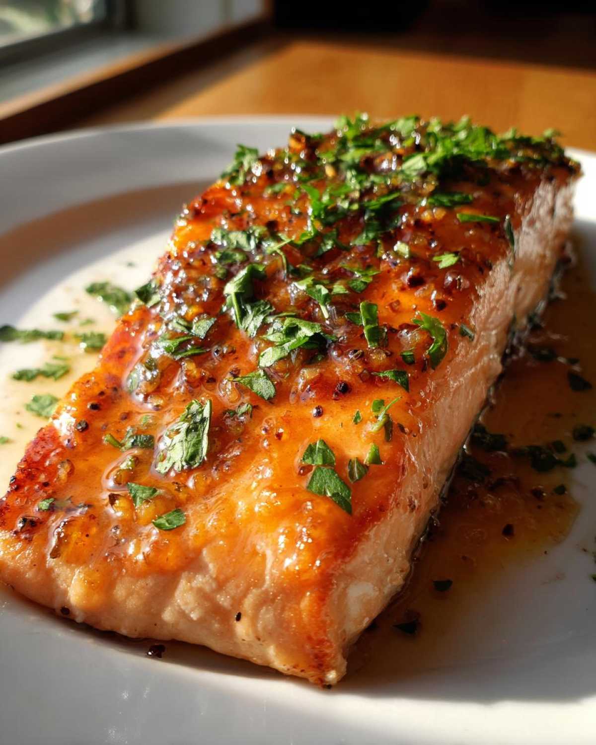 Close-up of a perfectly cooked salmon fillet coated in a shiny, orange glaze and topped with fresh chopped parsley.