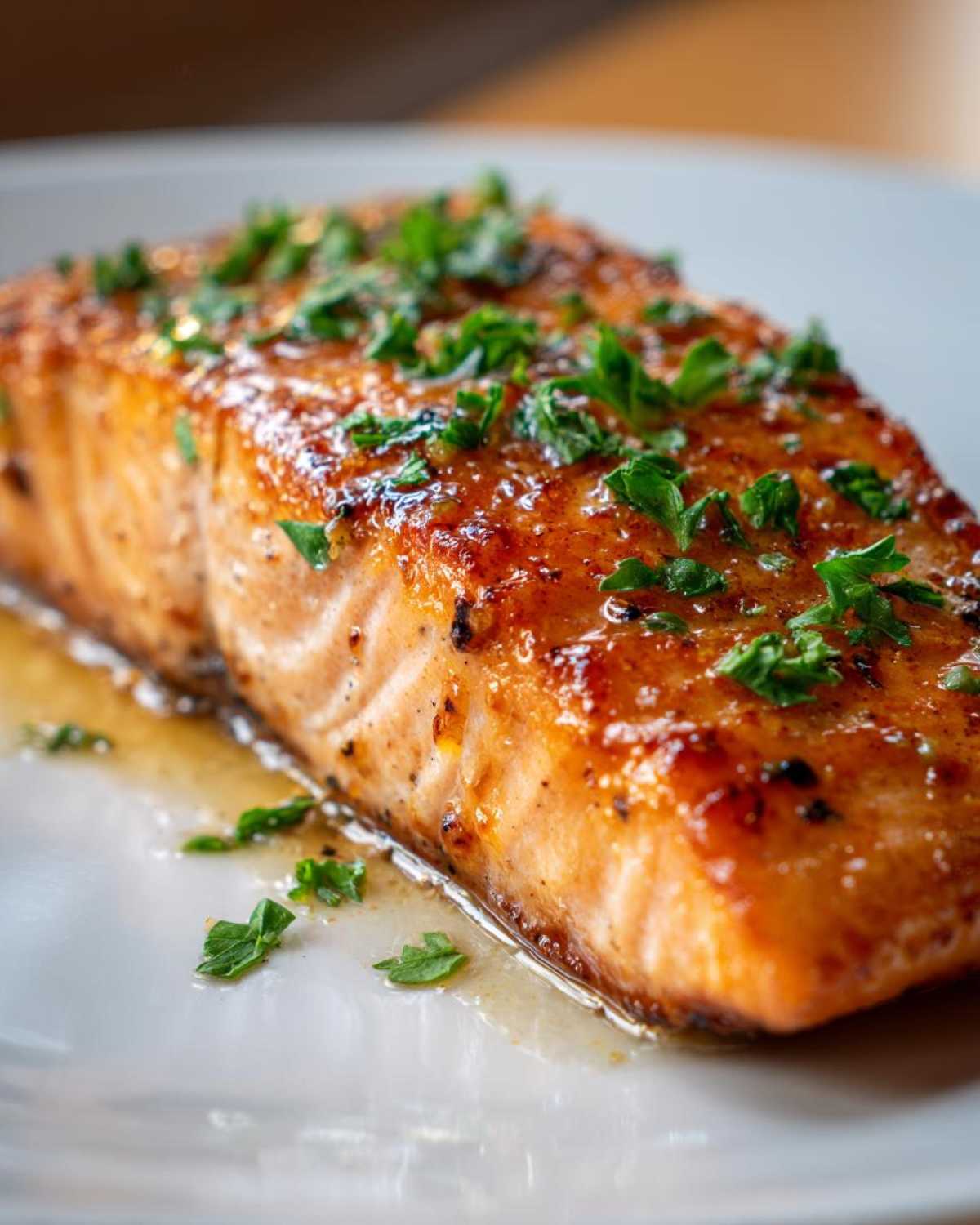 Close-up of a perfectly cooked, glazed salmon fillet topped with chopped fresh parsley.