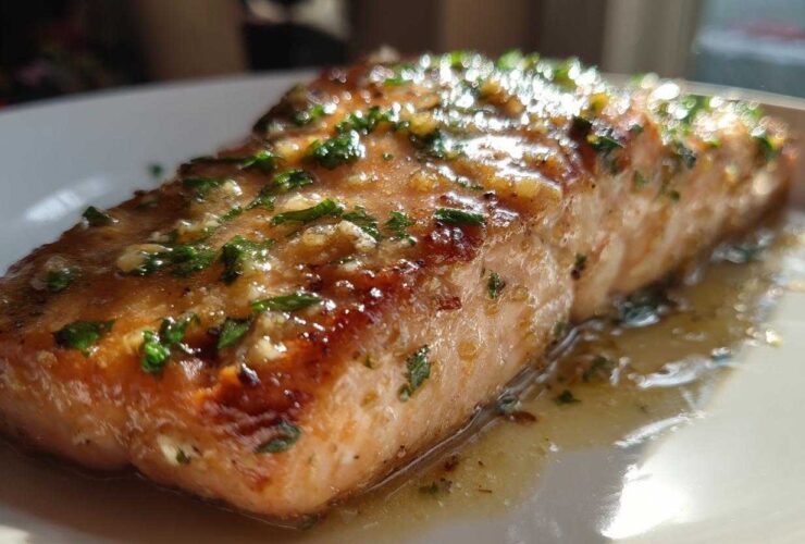 Close-up of a perfectly cooked salmon fillet covered in a shiny glaze, garlic, and fresh parsley.