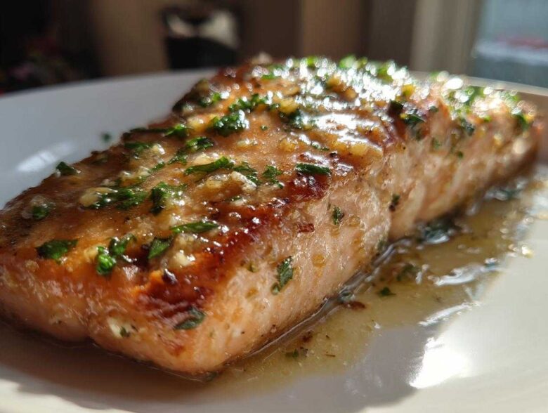 Close-up of a perfectly cooked salmon fillet covered in a shiny glaze, garlic, and fresh parsley.
