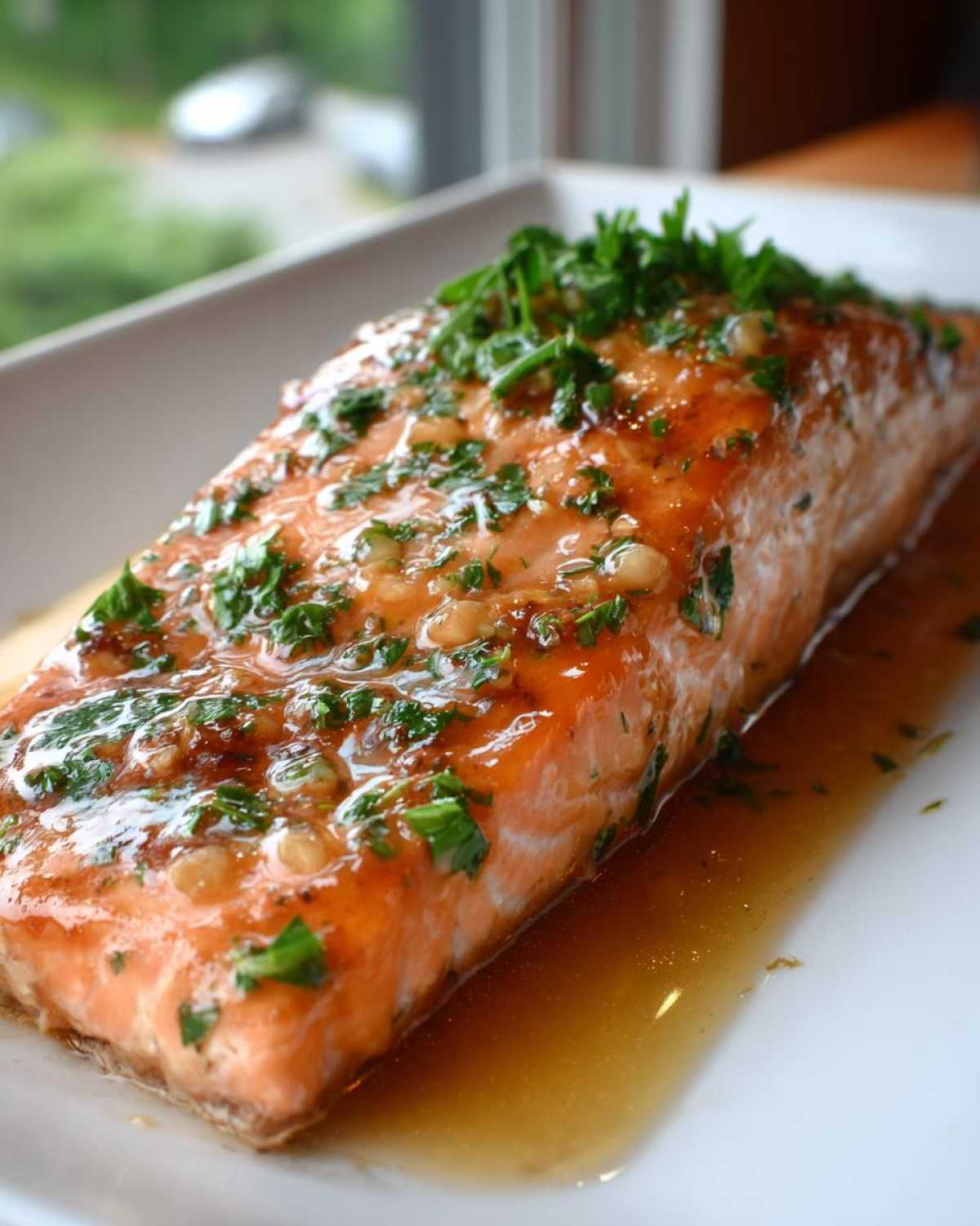 Close-up of a perfectly cooked salmon fillet covered in a sweet, glossy glaze and fresh chopped parsley.