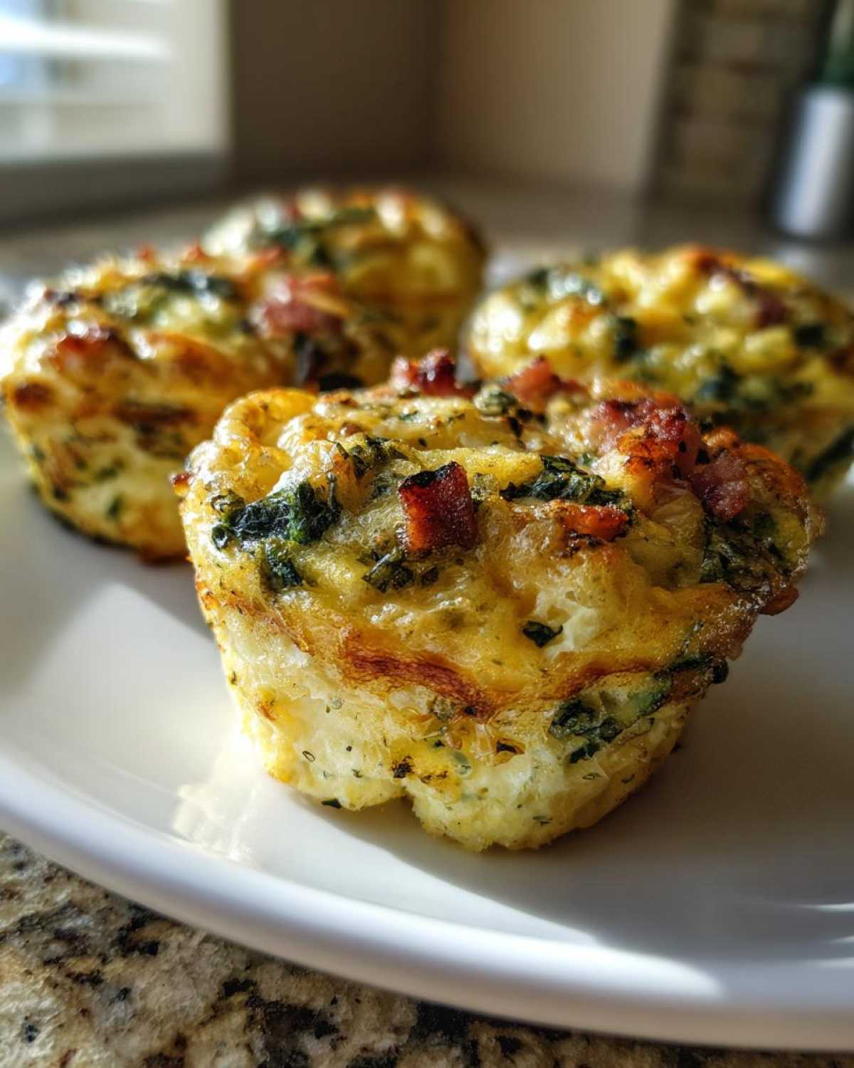 Close-up of baked egg bites made with egg, bacon, and spinach, served on a white plate.