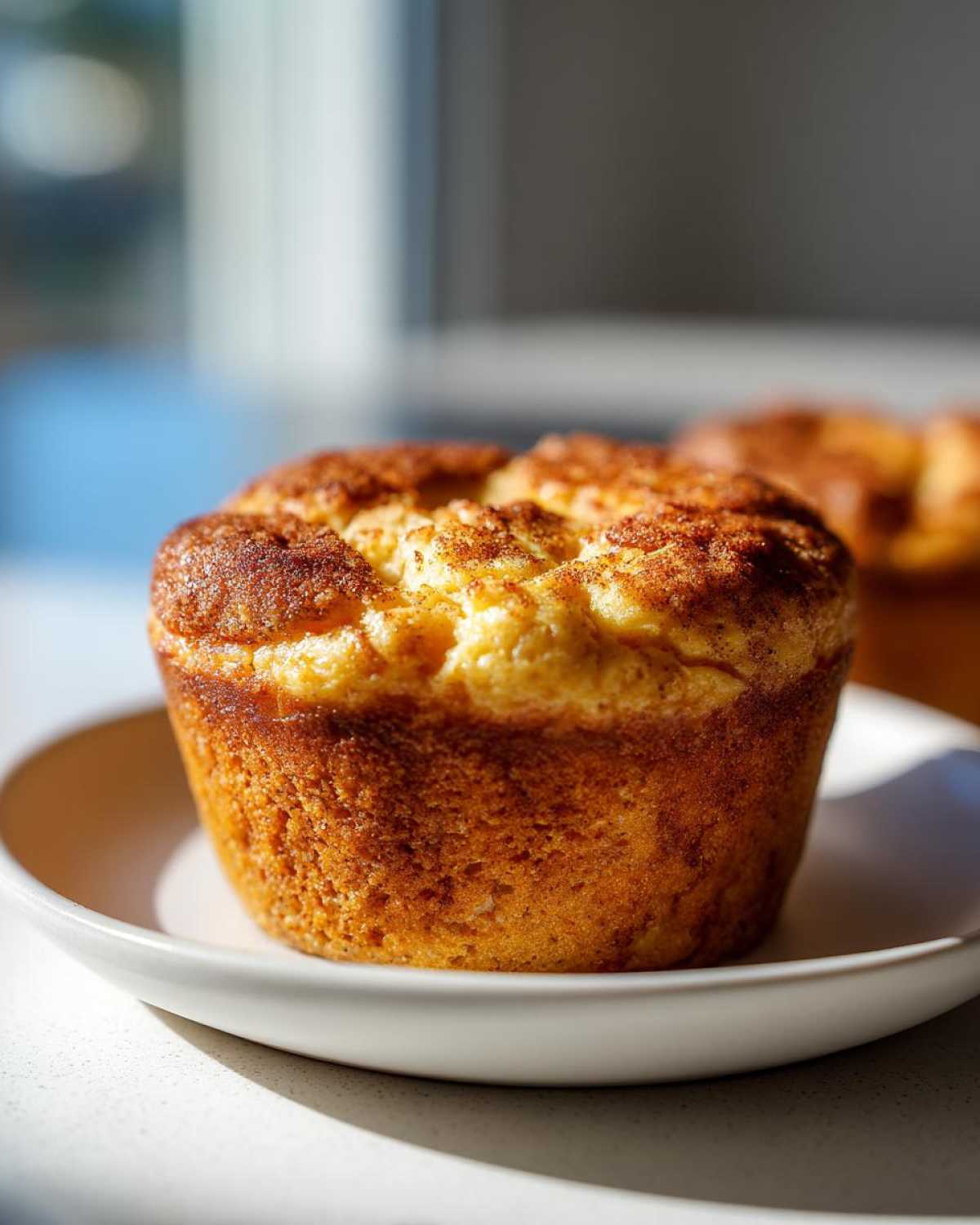 Close-up of a single golden brown banana protein muffin dusted with cinnamon on a white plate.