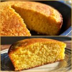 Close-up of a moist, golden slice of buttermilk cornbread on a plate, showing its crumb texture.
