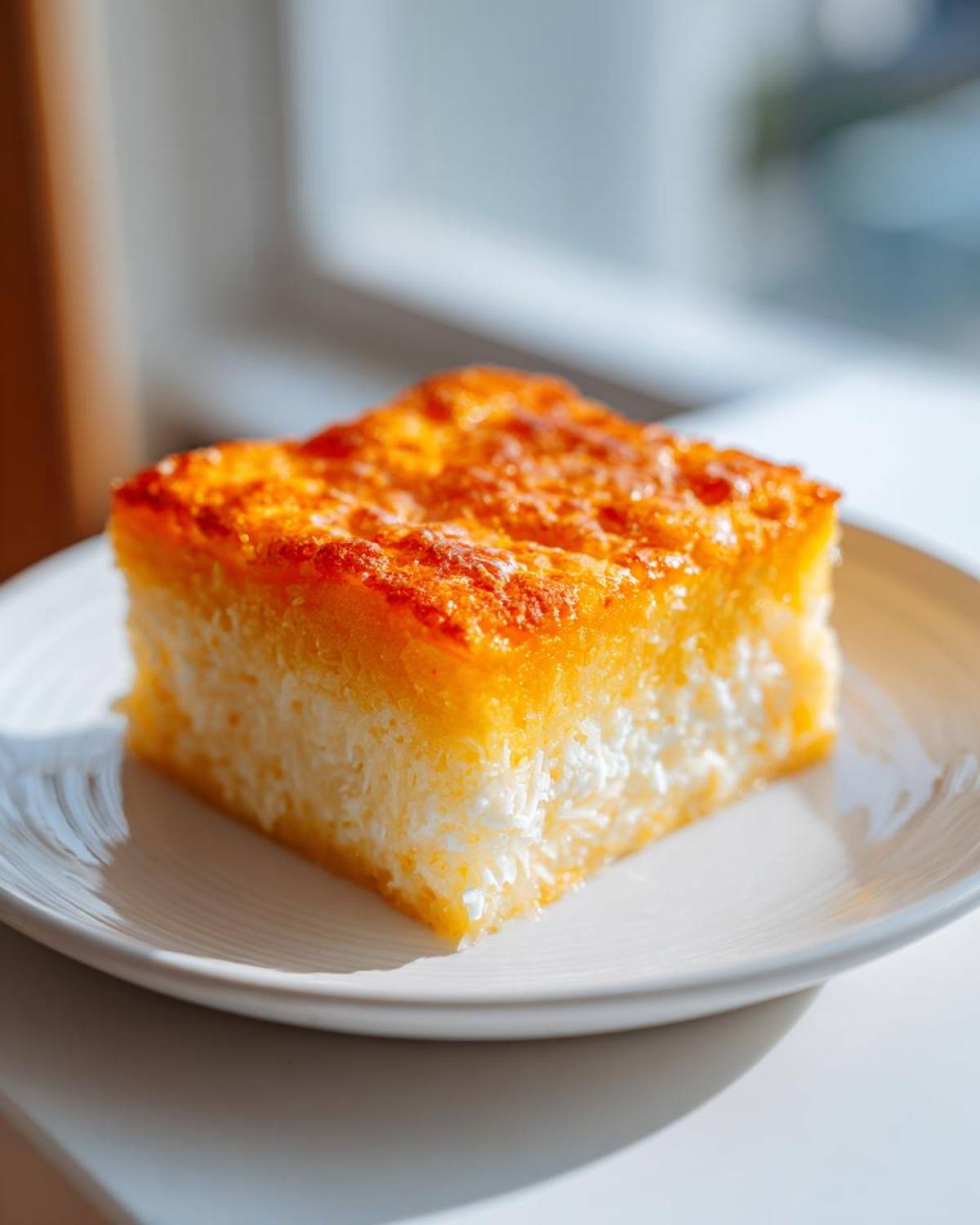 A square slice of rich, golden-topped cassava cake with a white, shredded coconut layer, served on a white plate.