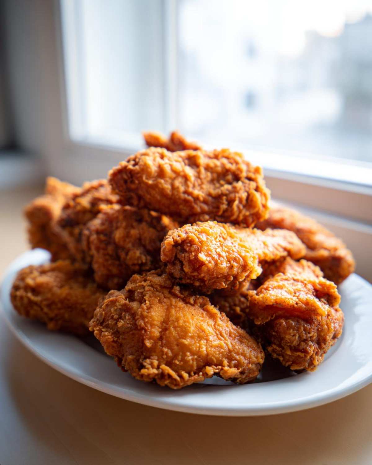 A generous pile of perfectly golden and crispy fried chicken wings resting on a white plate near a window.