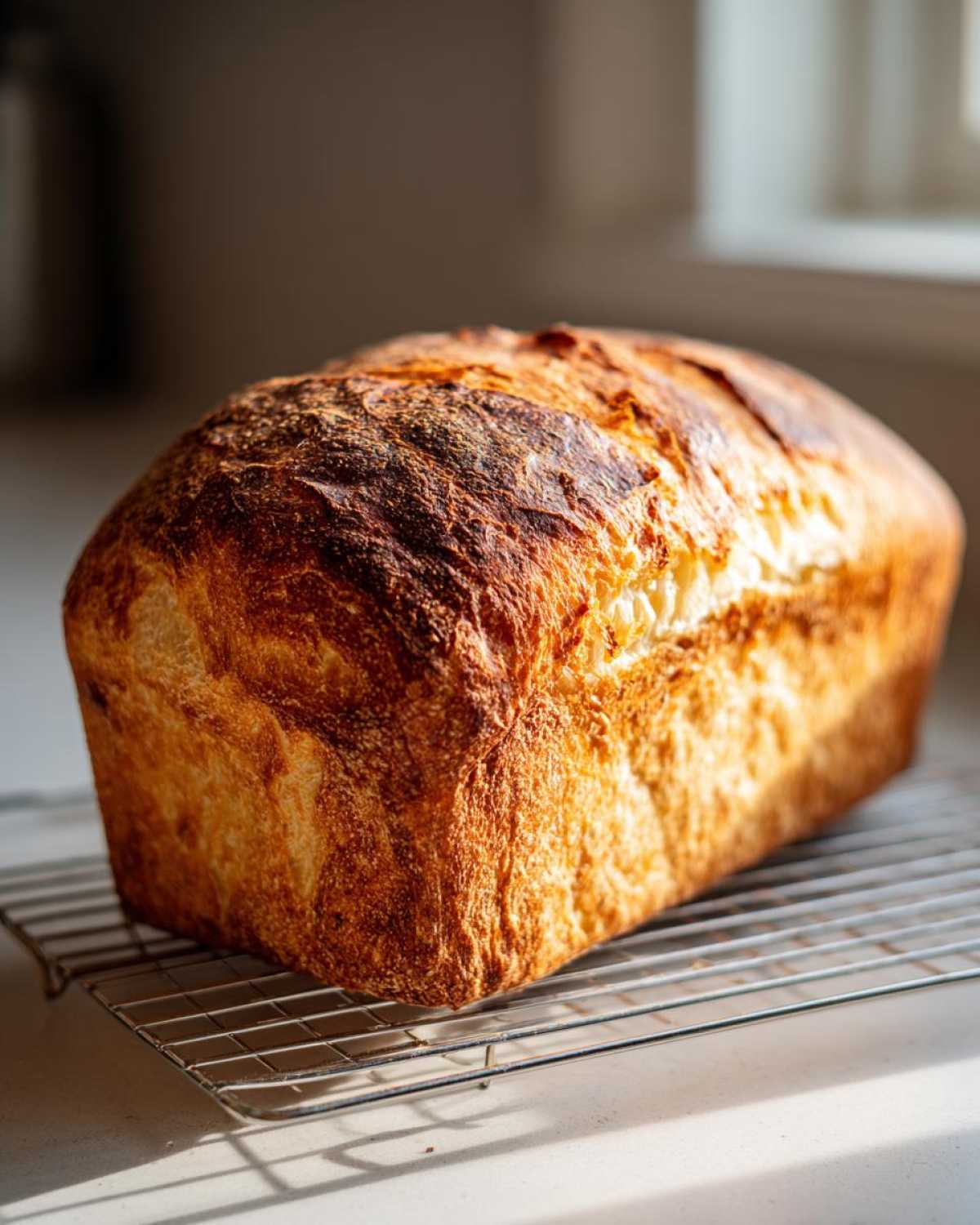 A freshly baked loaf of Italian bread with a deeply golden, crusty top cooling on a wire rack.